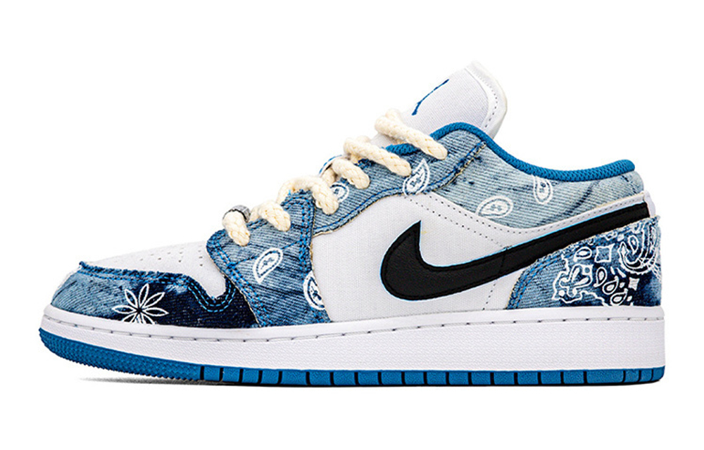 [Customized sneakers] Jordan Air Jordan 1 Low "Washed Denim" Denim washed denim cashew flower hemp rope casual low-cut retro basketball shoes GS White Blue