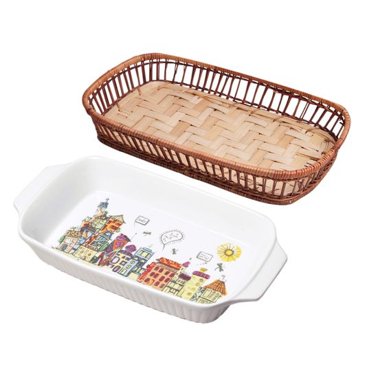 Форма керамическая для запекания 1,5 л. прямоугольная Kamille KM-6304 (35,5х18х5 см) с ротанговой корзинкой
