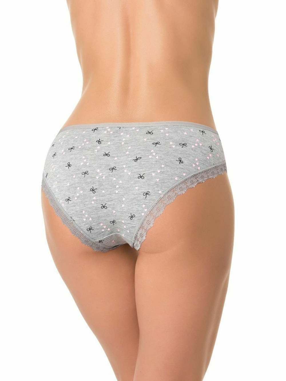 Трусики-слипы с кружевной оторочкой и принтом в виде бантиков и сердечек (Размер: M) (Цвет: серый)