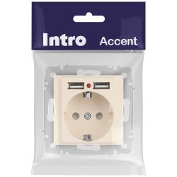 Розетка Intro Accent 6-410-02 с заземлением 2P+E Schuko со шторками 16А-250В + 2хUSB IP20 СУ слоновая кость | Intro