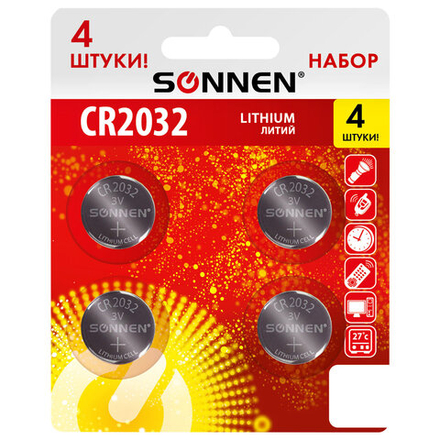 Батарейки литиевые SONNEN Lithium CR2032, "таблетки, дисковые, кнопочные", КОМПЛЕКТ 4 шт., блистер, 457142