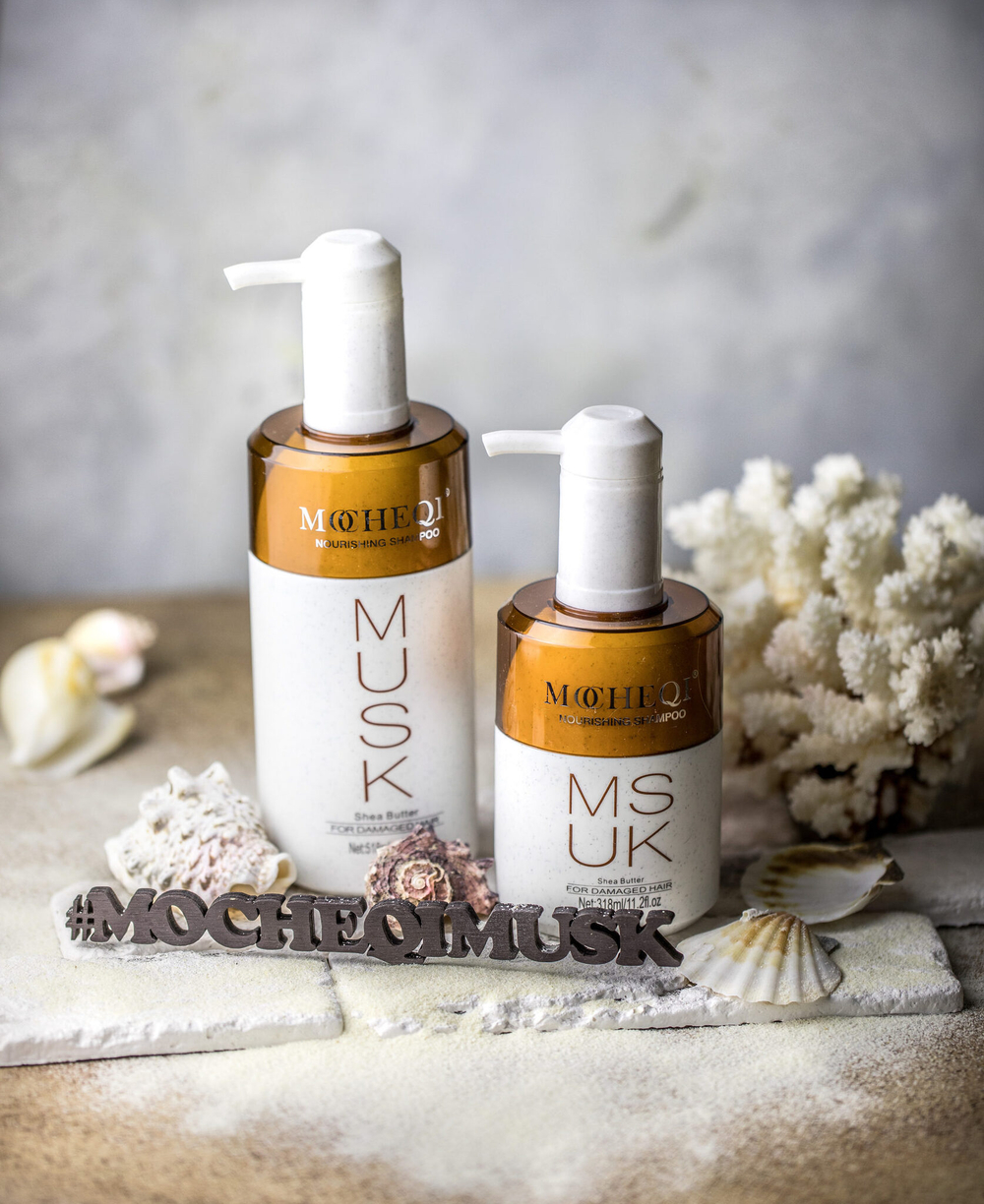 MOCHEQI Шампунь для сухих, окрашенных и поврежденных волос с маслом ши и гидролизованным кератином