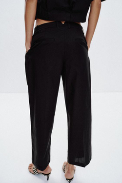 ZARA БРЮКИ ИЗ ПОПЛИНА С ЗАЩИПАМИ, ЧЕРНЫЙ