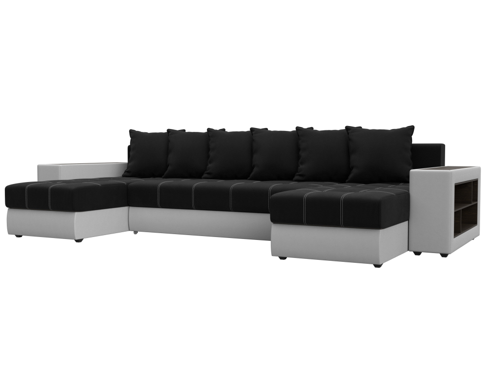 Диван П-образный Дубай полки справа, Черный\Белый, Микровельвет\Экокожа, 31514R