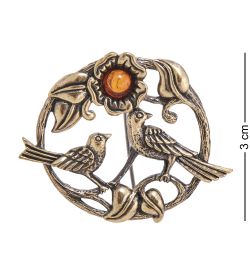 AM-4111 Брошь «Птички Сад Чудес» (латунь, янтарь)