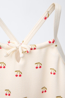 ZARA КУПАЛЬНИК В РУБЧИК С ВИШНЯМИ, ЭКРЮ