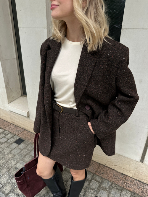 Пальто из твида однобортное укороченное коричневое