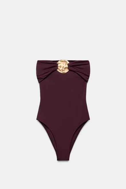 ZARA КУПАЛЬНИК БАНДО С МЕТАЛЛИЧЕСКОЙ ДЕТАЛЬЮ, КОРИЧНЕВЫЙ