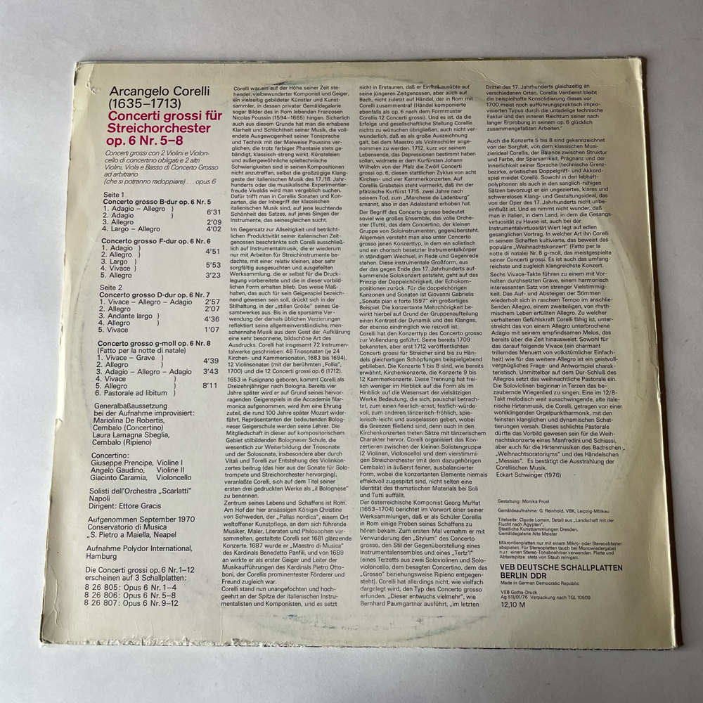 Винтажная виниловая пластинка LP Corelli Корелли, Solisti Dell'Orchestra Scarlatti Napoli, Ettore Gracis, Кончерто Гроссо Concerti Grossi Op. 6 Nr. 5 8 (ГДР 1976)