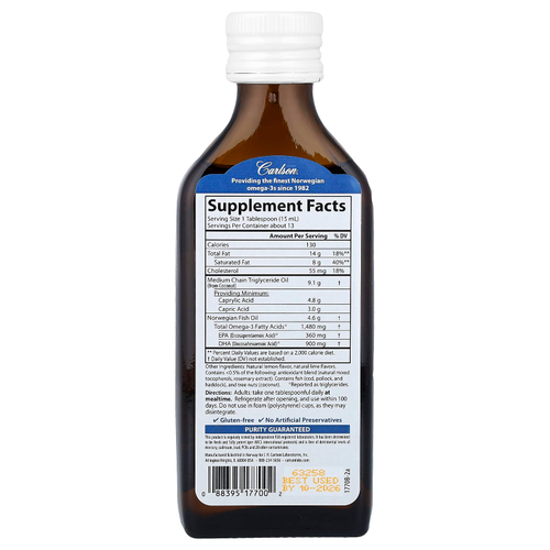 Carlson, MCT и омега-3, натуральный вкус «лимон-лайм», 200 мл (6,7 жидких унций)