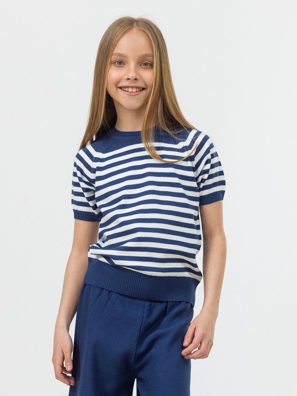 Джемпер для девочки с коротким рукавом AT996 молочный-сапфир