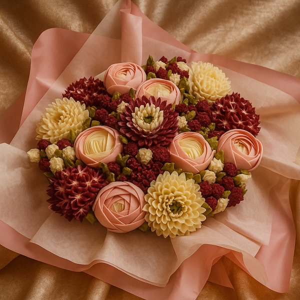 Букет цветочных капкейков в розовой и фиолетовой палитре 19 шт