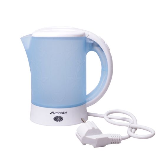Чайник 0,6 л. электрический пластиковый Kamille KM-1718B белый-голубой c чашками и ложками