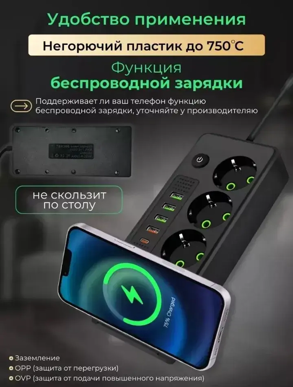 Сетевой фильтр 2 метра Удлинитель с USB и Type-c