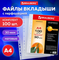 Папки-файлы перфорированные, А4, BRAUBERG "STANDARD", комплект 100 шт., матовые, 30 мкм, 221991