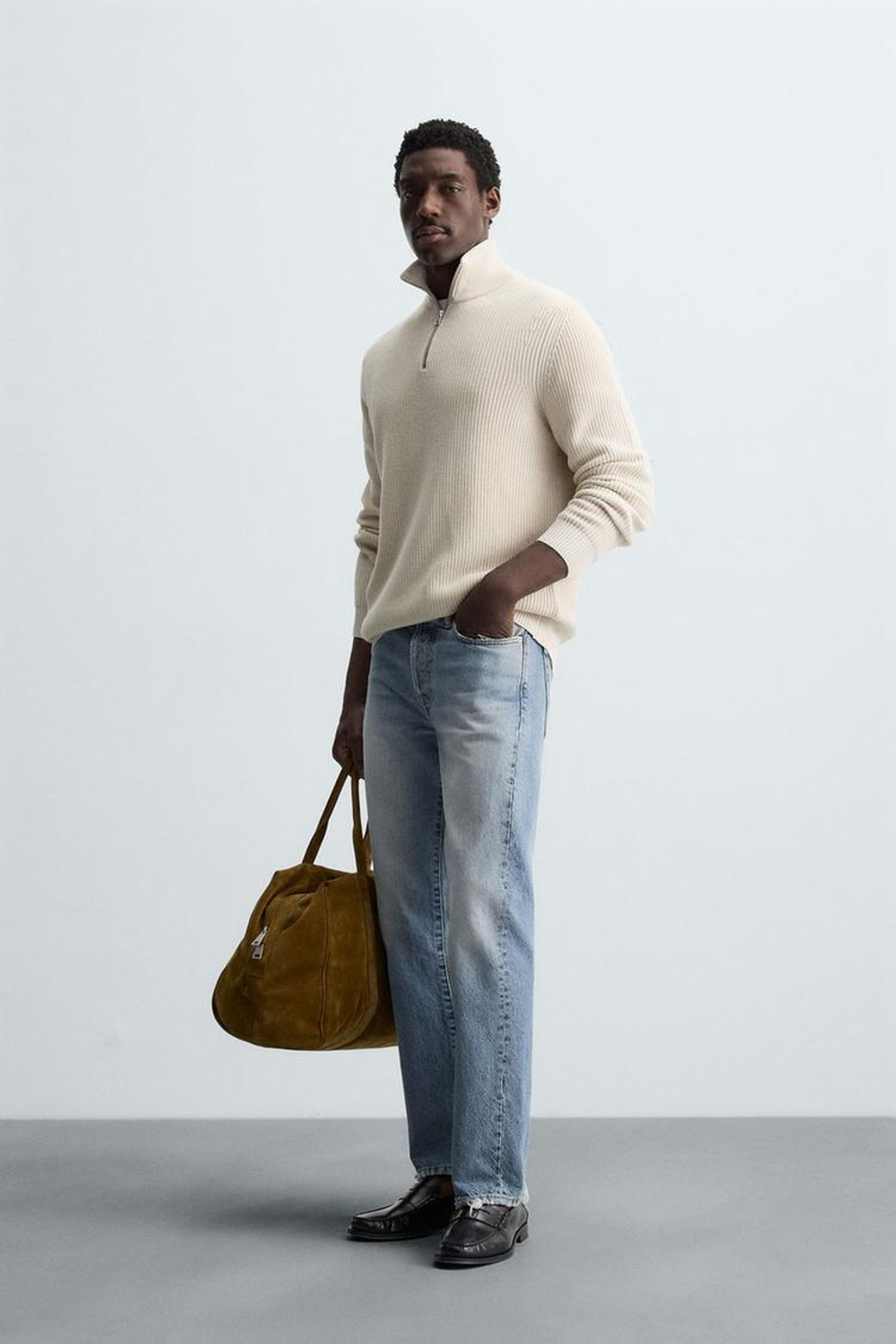 ZARA ДЖЕМПЕР ИЗ ЖЕМЧУЖНОЙ ВЯЗКИ С ВОРОТНИКОМ НА МОЛНИИ, ЭКРЮ