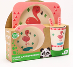 4167327 Набор бамбуковой посуды "Розовый фламинго", тарелка, миска, стакан, приборы, 5 предметов