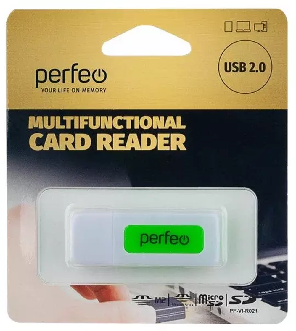 Картридер Perfeo SD/MMC+Micro SD+MS+M2, (PF-VI-R021 White/Green) белый/зелёный