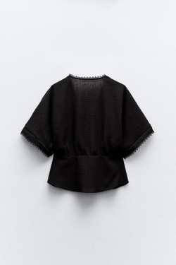 ZARA ТОП КИМОНО С КРУЖЕВОМ, ЧЕРНЫЙ