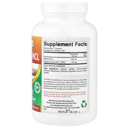 Best Naturals, бетаина гидрохлорид, 250 капсул