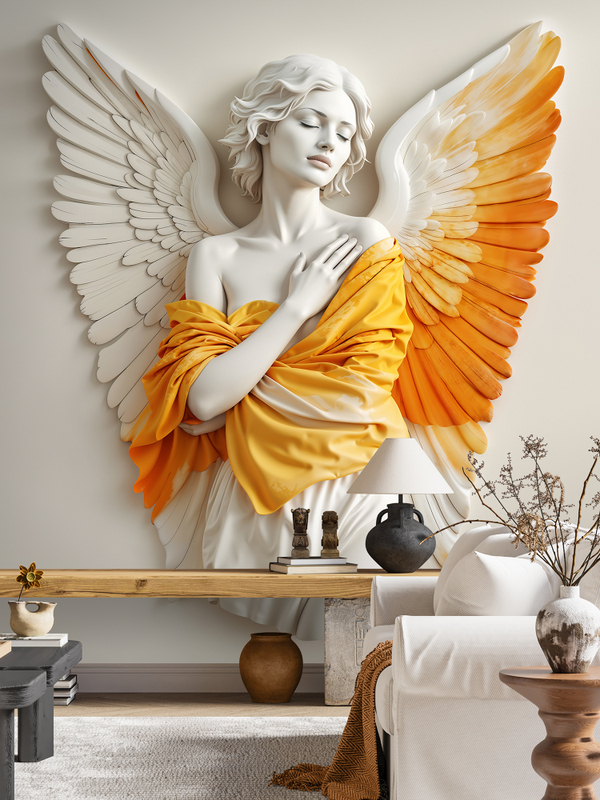 3D фотообои девушка-ангел с оранжевыми перьями