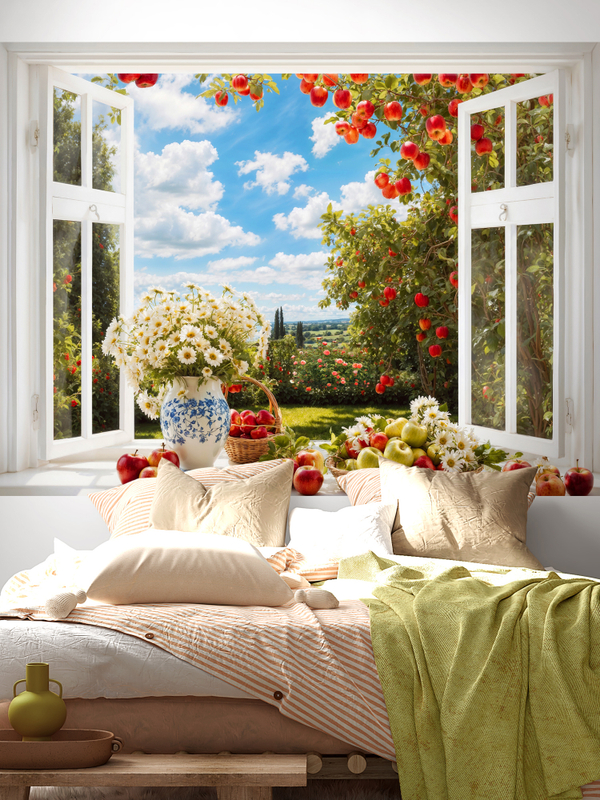 3D Фотообои для кухни "Окно в яблочный сад с голубым небом"
