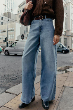 ZARA ДЖИНСЫ Z1975 WIDE LEG С ВЫСОКОЙ ПОСАДКОЙ И ПЛЕТЕНЫМ РЕМНЕМ, ПОЛНОЙ ДЛИНЫ, ВЫЦВЕТШИЙ СИНИЙ