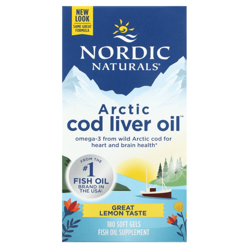 Nordic Naturals, Arctic Cod Liver Oil, жир печени арктической трески, со вкусом лимона, 180 капсул