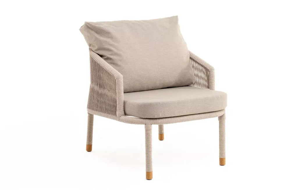 "Верона" кресло плетеное из роупа, каркас алюминий белый муар, роуп бежевый круглый, ткань бежевая 15052