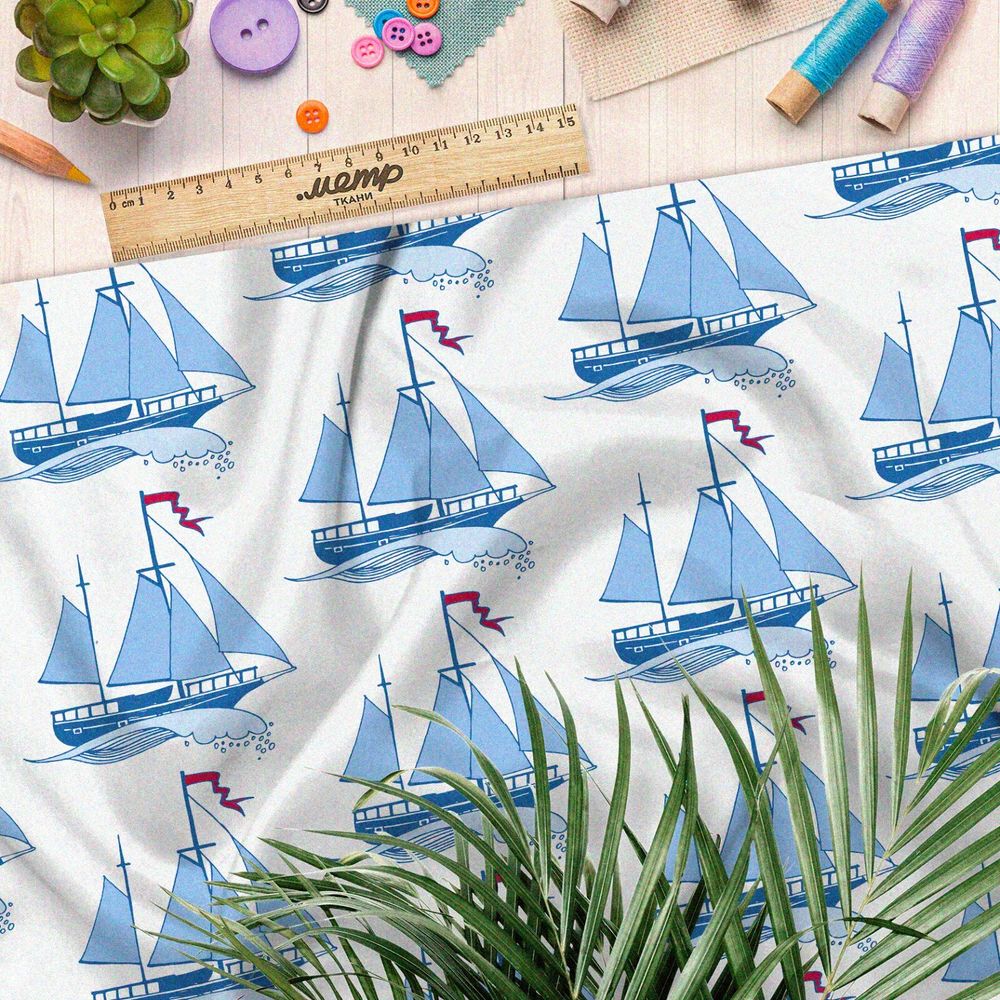 Ткань мембрана синие корабли на белом фоне