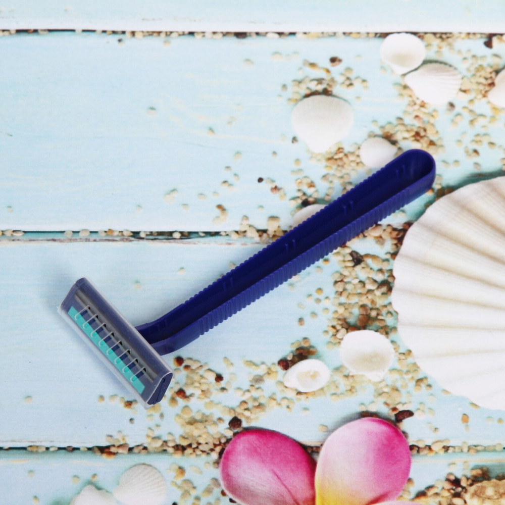 Станок для бритья одноразовый, два лезвия, с увлаж. полоской, в пакете, цвет синий, 11см