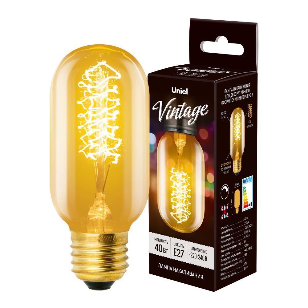 IL-V-L45A-40-GOLDEN-E27 CW01 Лампа накаливания Vintage. Форма цилиндр. длина 113 мм. Форма нити CW. Картон. ТМ Uniel