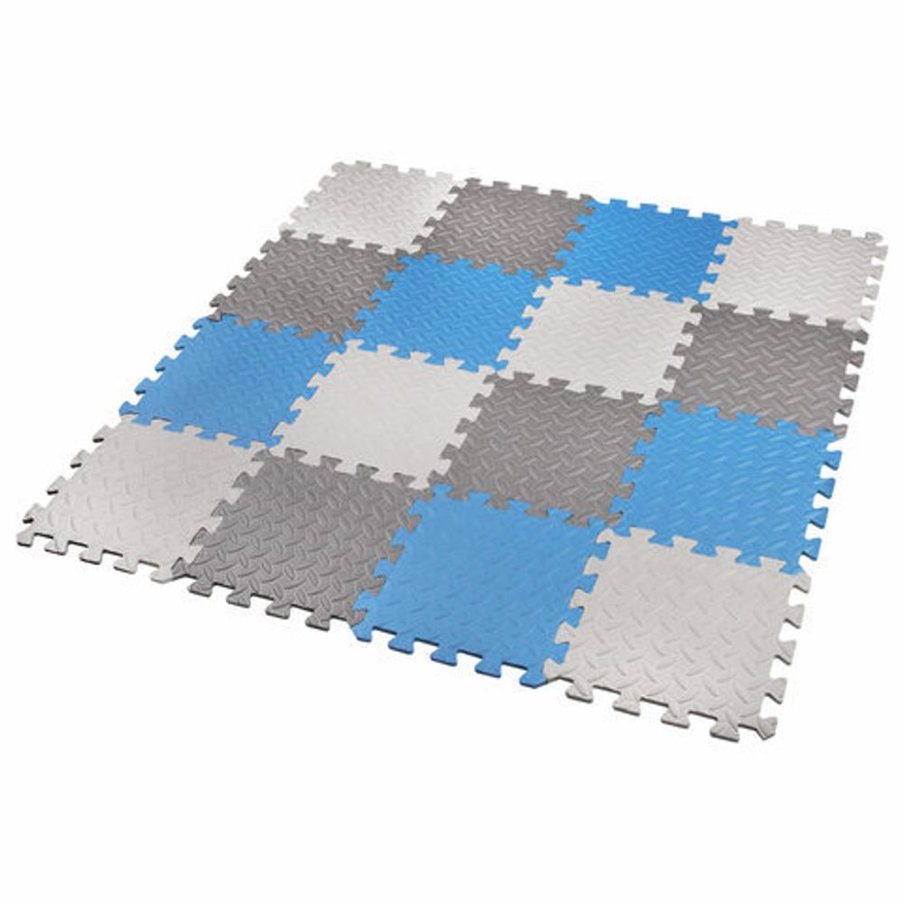 Коврик-пазл напольный 1,2х1,2 м, 16 шт., 30х30 см, толщина 1 см, серый, голубой, светло-серый, ЮНЛАНДИЯ, 664813