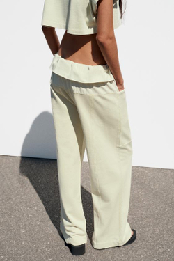 ZARA БРЮКИ С ПОЯСОМ ИЗ ПОПЛИНА, ЗЕЛЕНЫЙ