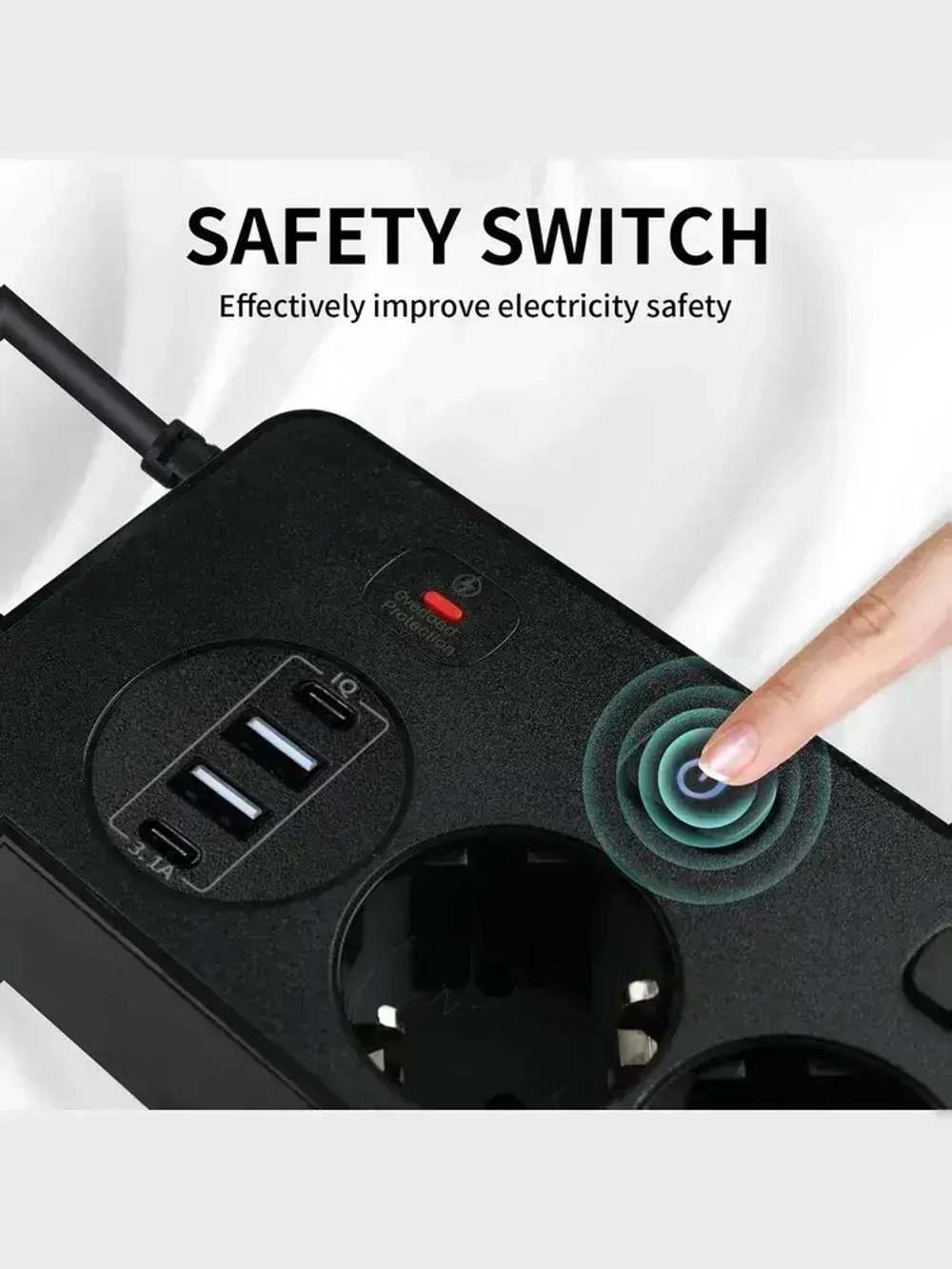 Сетевой фильтр с предохранителем и заземлением, 5 розетки + 2 USB / 2 TYPE-C, кабель 2м