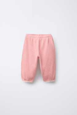 ZARA БРЮКИ BAGGY С ВАФЕЛЬНЫМ УЗОРОМ И КРУЖЕВОМ, РОЗОВАТЫЙ