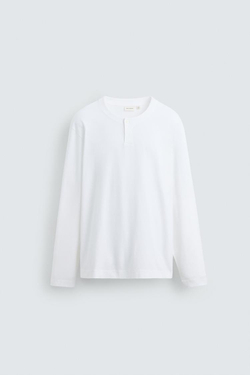 ZARA ФУТБОЛКА С ВОРОТНИКОМ-ХЕНЛИ, БЕЛЫЙ