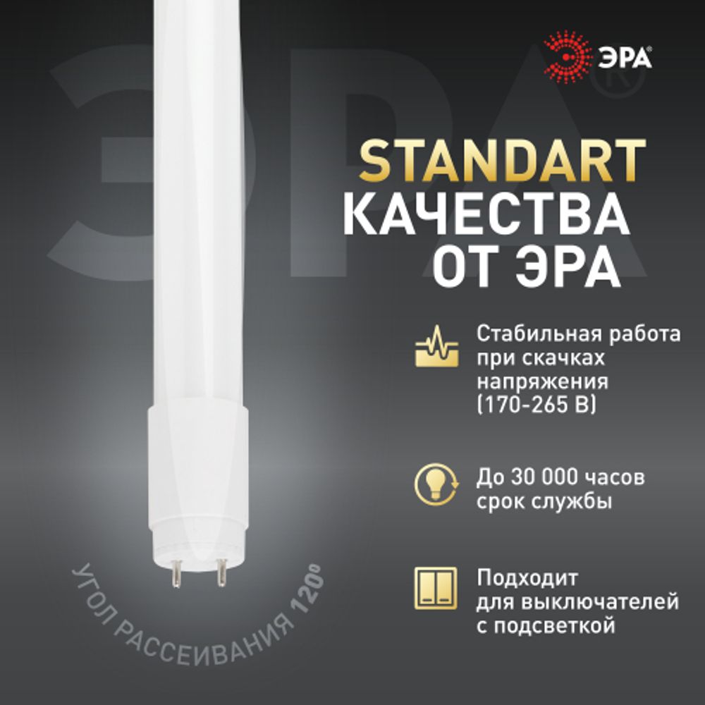 Лампа светодиодная ЭРА STD LED T8-10W-840-G13-600mm 10Вт трубка стекло нейтральный белый свет G13 поворотный