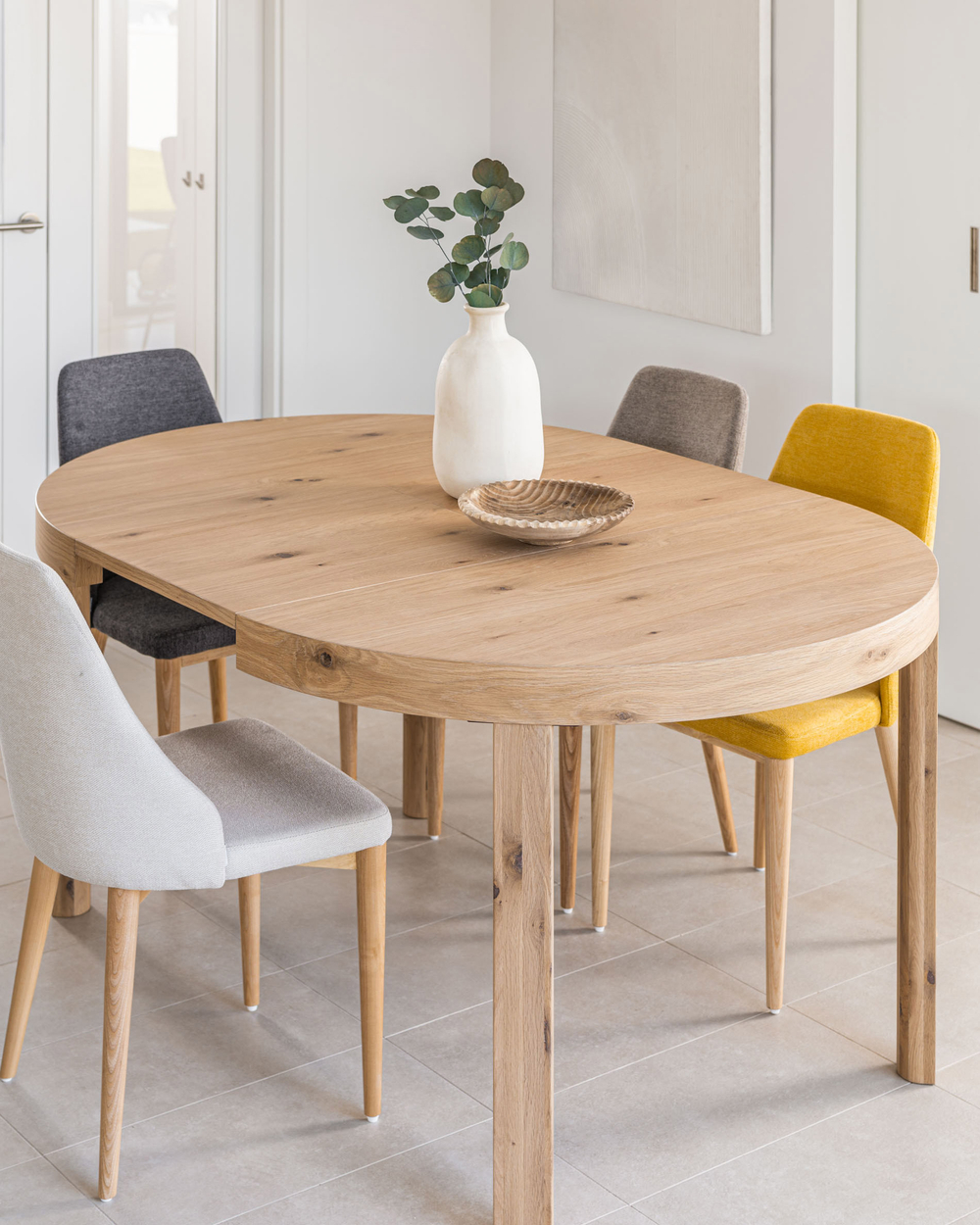 Extendable Раздвижной круглый стол с дубовым шпоном и ножками из массива дерева Ø120(170)x12