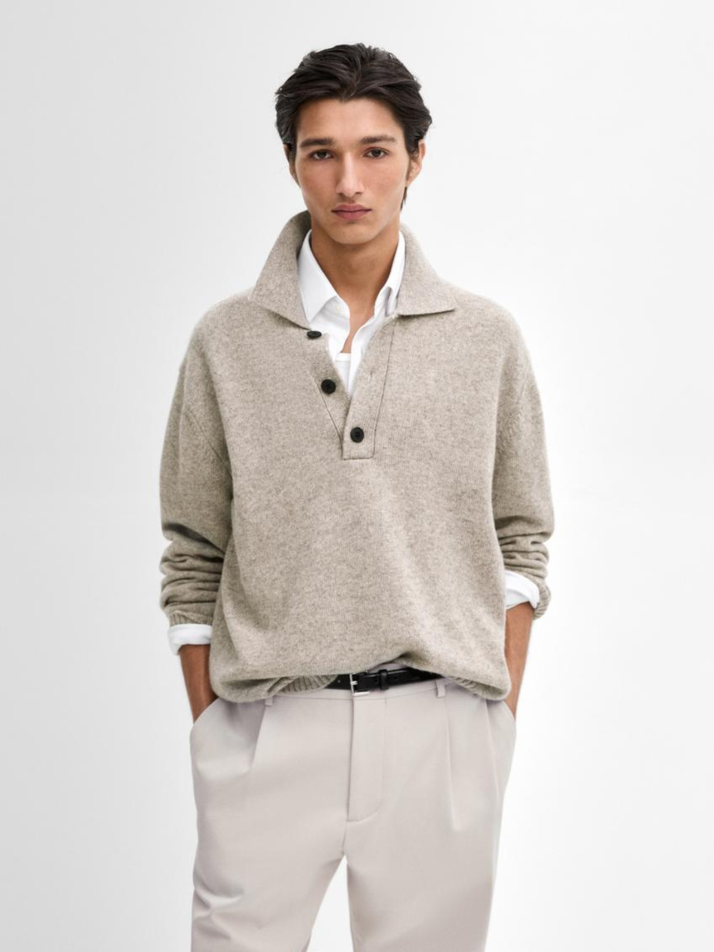 Massimo Dutti Легкий свитер с воротником поло, песочно-коричневый