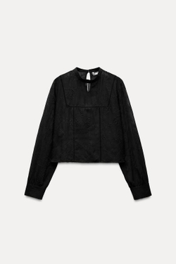 ZARA ТОП С ВЫШИВКОЙ И КРУЖЕВОМ, ЧЕРНЫЙ