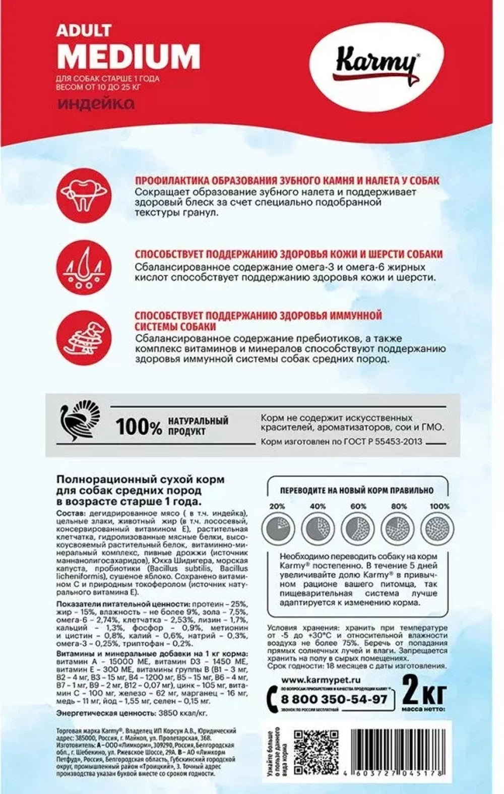 Karmy Medium Adult Сухой корм для взрослых собак средних пород с индейкой, 2 кг