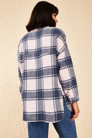 Qadın üçün böyük cibli, damalı boz köynək 10181032