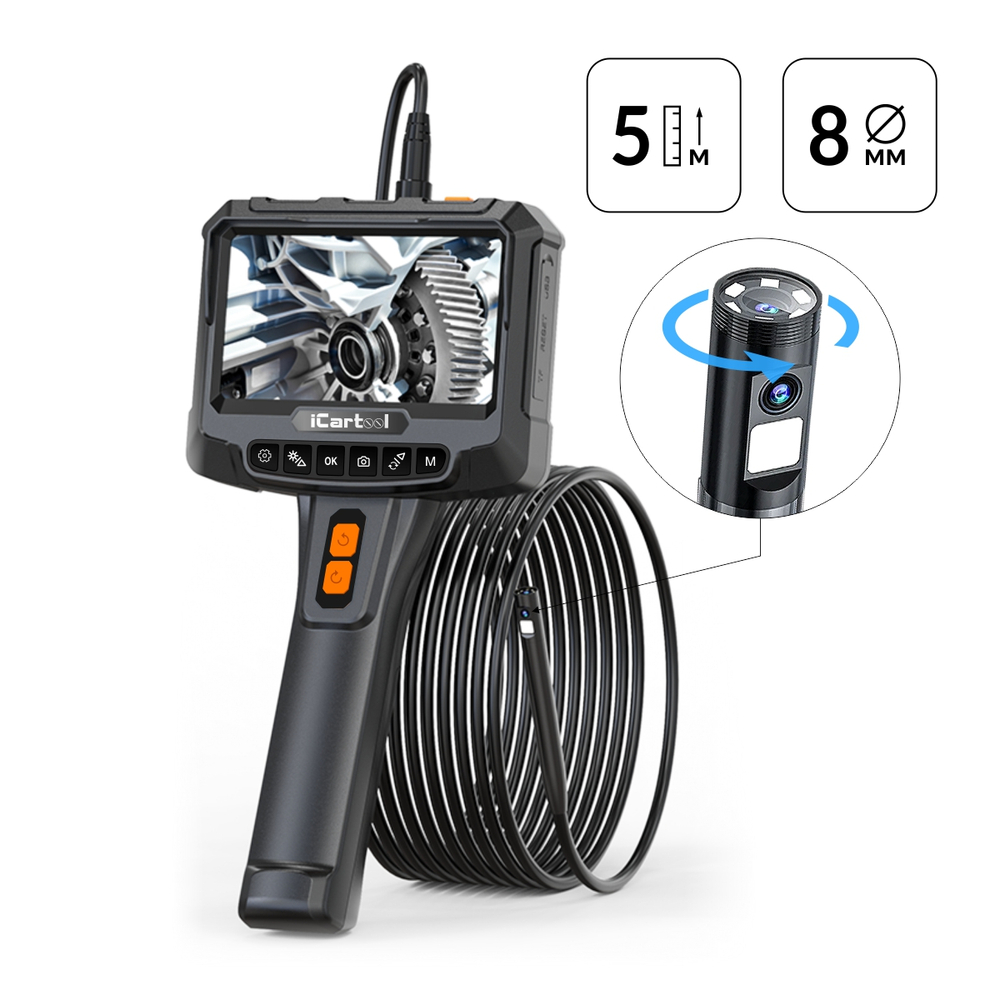 Видеоэндоскоп промышленный с вращением камеры, экран 5", 2 камеры 2Мп, 1920х1080, 5м, 8мм зонд, iCartool IC-VC700R-5