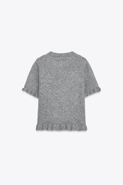 ZARA ТРИКОТАЖНЫЙ ДЖЕМПЕР С КОРОТКИМИ РУКАВАМИ И РЮШАМИ, СЕРЫЙ