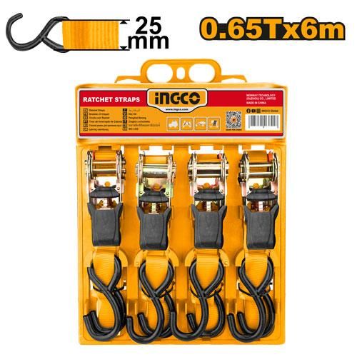 Стяжной ремень с храповиком 4шт, 0,65т, 6м, 25мм SUPER INGCO HRSP065607