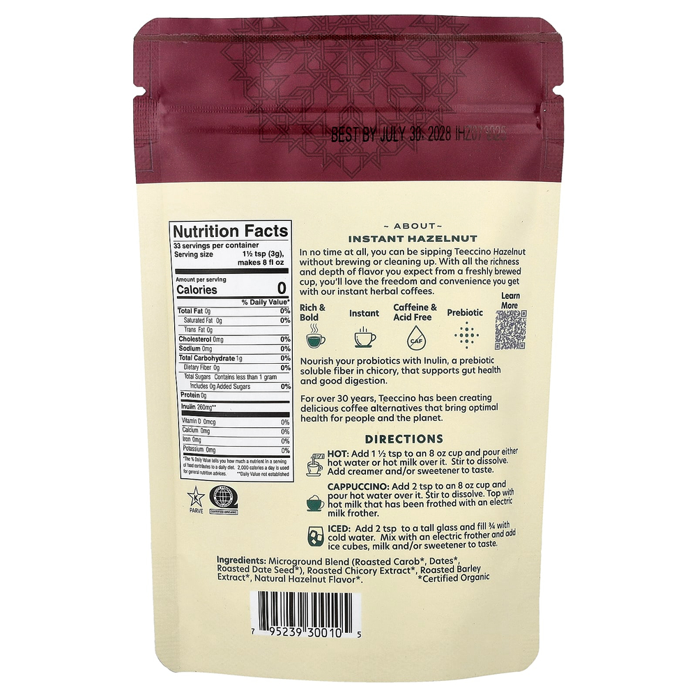 Teeccino, растворимый травяной кофе, фундук, средней обжарки, без кофеина, 100 г (3,53 унции)