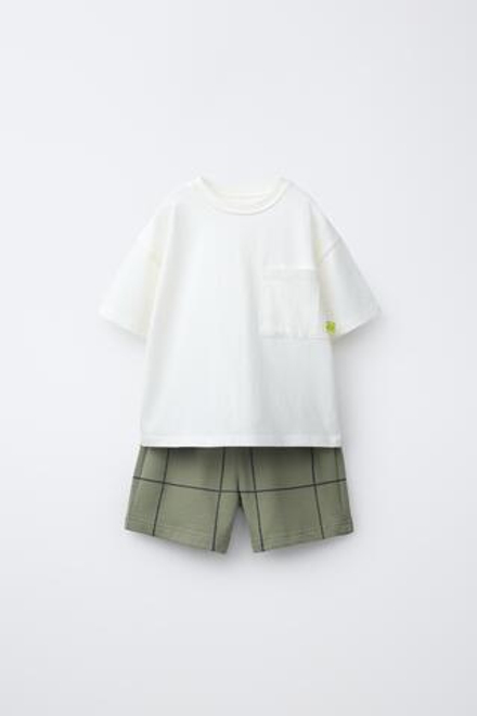 ZARA КОМПЛЕКТ ФУТБОЛКА С КАРМАНОМ И ШОРТЫ В КЛЕТКУ, МЯГКИЙ ЗЕЛЕНЫЙ