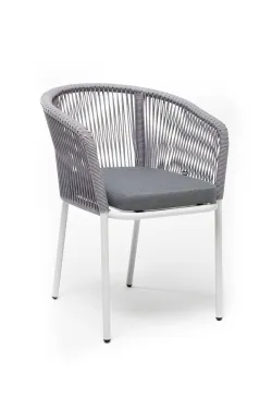 "Марсель" стул плетеный из роупа, каркас алюминий белый муар, роуп светло-серый круглый, ткань светло-серая