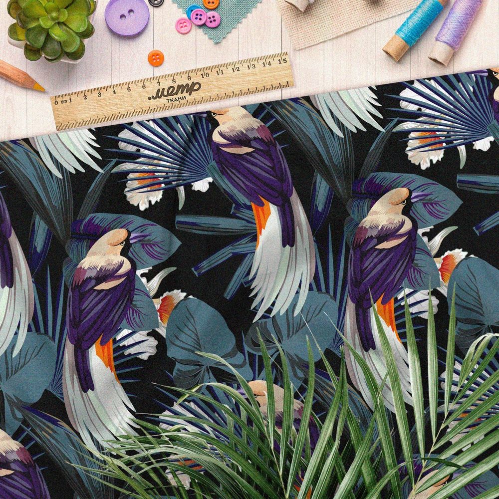 Ткань блэкаут тропические листья узорные